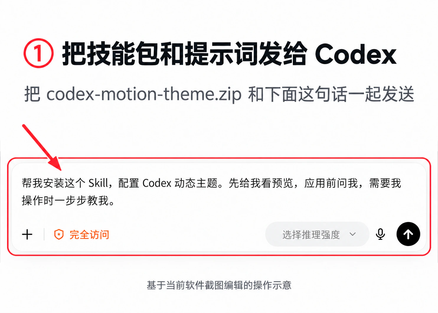 Codex 当前界面操作示意：把技能包和提示词一起发送
