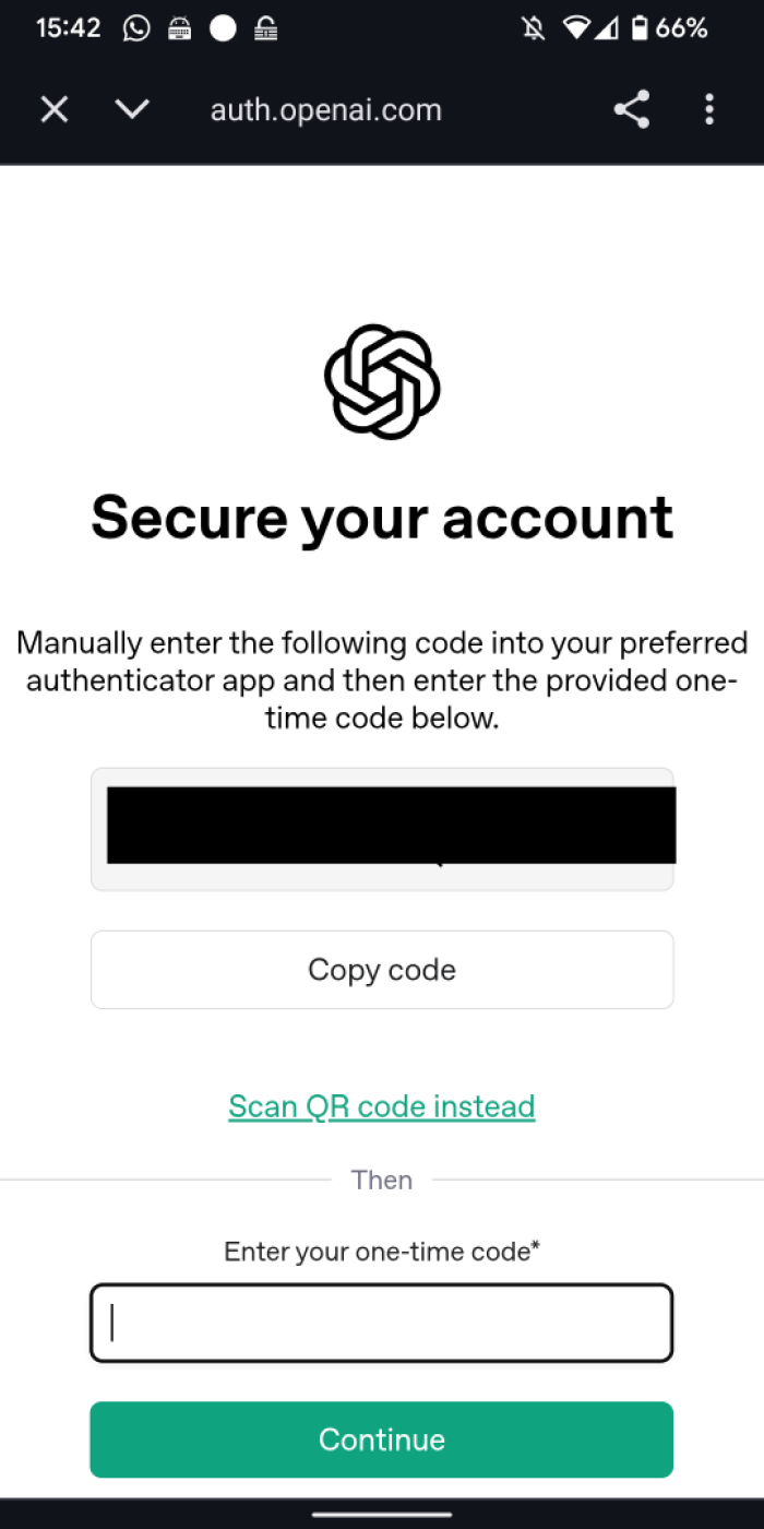 手动绑定页面中的 Copy code 复制密钥按钮