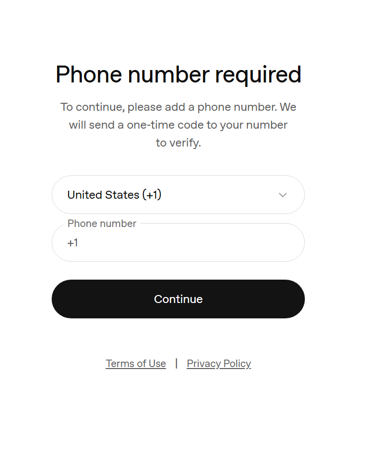Phone number required 页面：国家区号、手机号输入框和 Continue 按钮